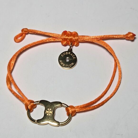 Tory Burch Embrace Ambition Nylon Cord Bracelet Orange Gold Gemini Link Charm - Picture 1 of 6